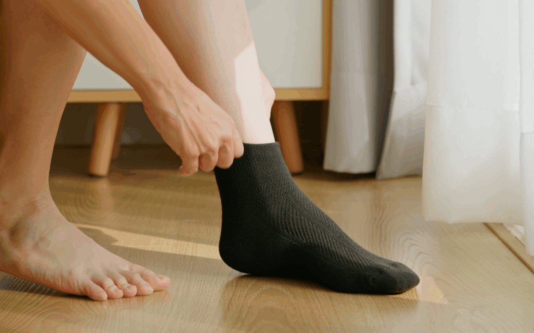person putting on moisture wicking socks for their sweaty feet